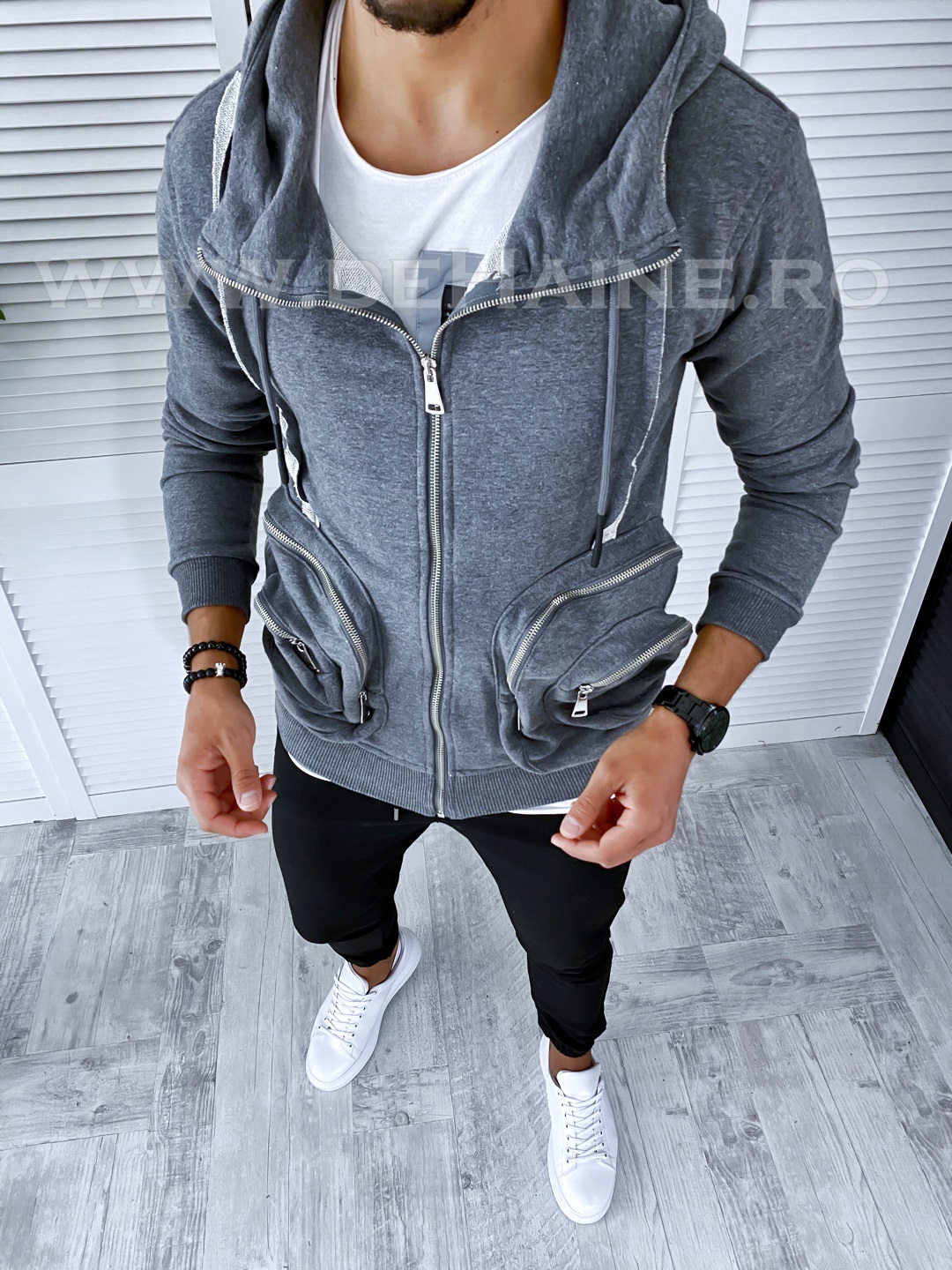 Hanorac barbati gri inchis slim fit 2536
